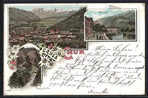 Lithographie Chur, Plessurquai, Totalansicht mit Gebirgszug