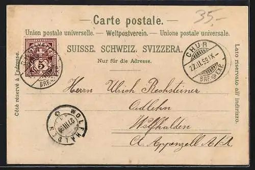 Lithographie Chur, Plessurquai, Totalansicht mit Gebirgszug