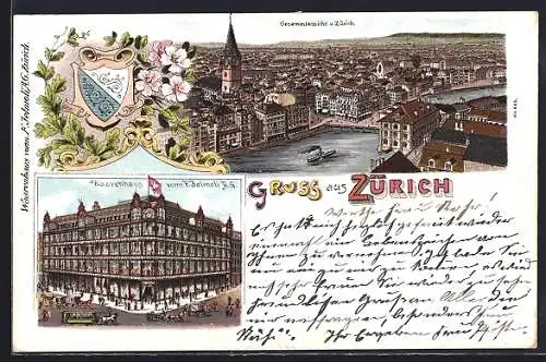 Lithographie Zürich, Warenhaus vorm. F. Jelmoli A. G., Gesamtansicht u. Wappen