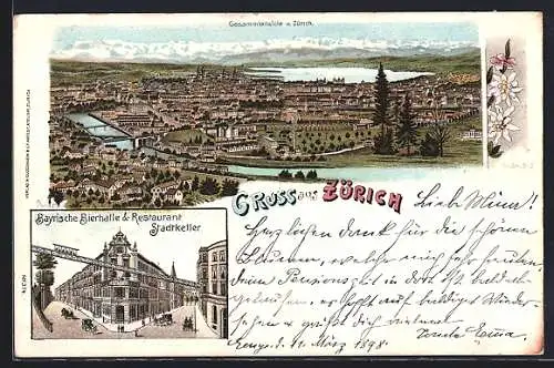 Lithographie Zürich, Bayrische Bierhalle & Restaurant Stadtkeller, Totalansicht