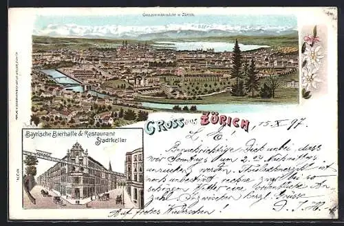Lithographie Zürich, Gesamtansicht, Bayrische Bierhalle & Restaurant Stadtkeller