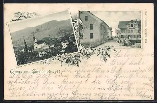 Passepartout-AK Gontenschwil, Strassenpartie im Oberdorf, Teilansicht mit Bergen aus der Vogelschau