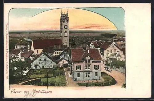 AK Andelfingen, Ortsansicht mit der Kirche im Sonnenuntergang