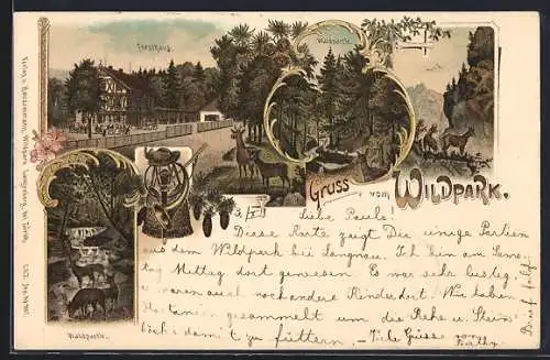 Lithographie Langnau am Albis, Gruss vom Wildpark, Forsthaus