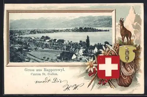 Passepartout-Lithographie Rapperswyl, Gesamtansicht aus der Vogelschau, Wappen