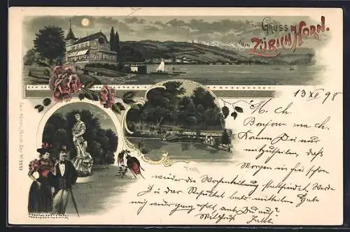 Lithographie Zürich, Ansichten vom Zürich-Horn, Abendstimmung