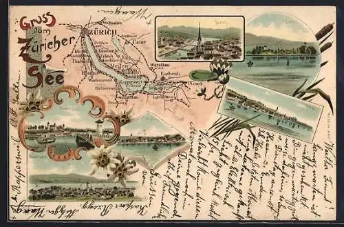 Lithographie Zürich, Rapperswil, Stäfa, Meilen, Küssnacht, Umgebungskarte
