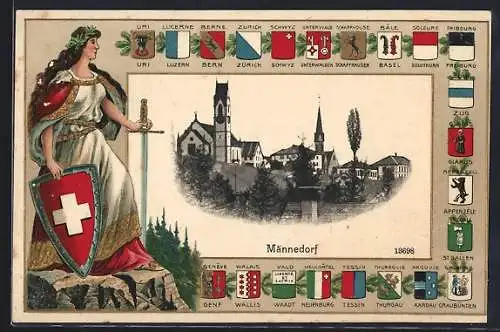 AK Männedorf, Ortsansicht im Passepartout mit Kantonalswappen und der Helvetia