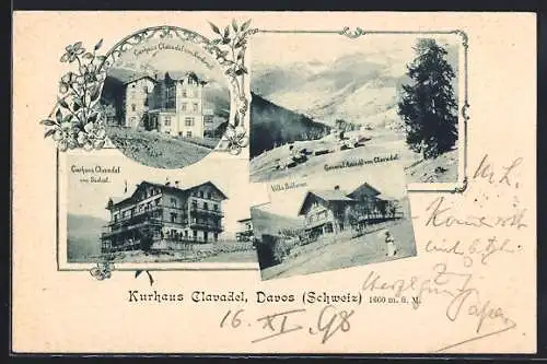 AK Davos, Kurhaus Clavadel von Südost und Nordwest, Gesamtansicht, Villa Bellevue
