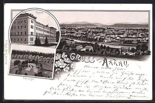 Lithographie Aarau, Alpenzeiger, Kaserne, Gesamtansicht