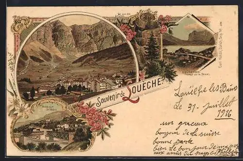Lithographie Leuk, Teilansicht, Daubensee, Ponts sur le Rhône