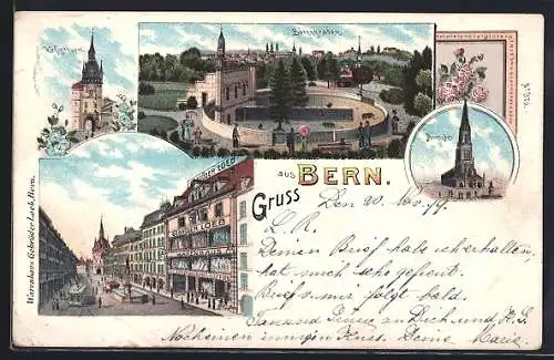 Lithographie Bern, Bärengraben, Käfigturm, Münster, Warenhaus der Gebrüder Loeb