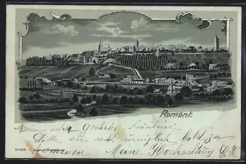 Mondschein-Lithographie Romont /FR, Totalansicht auf dem Hügel