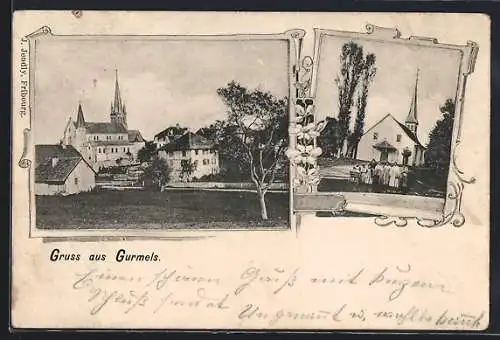 AK Gurmels, Die Kirche, Ortsansicht vom Feld aus
