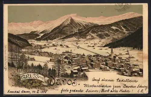Lithographie Davos, Teilansicht im Schnee