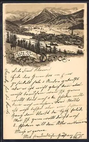 Lithographie Davos, Totalansicht gegen die Berge