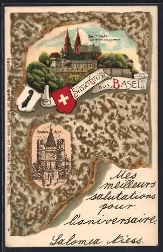 AK Basel, Das Münster, Spalenthor u. Wappen