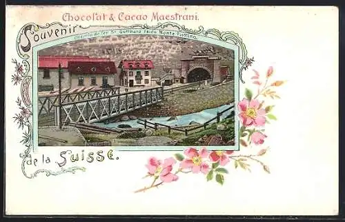 Lithographie St Gotthard, Chemin de Fer à Faido et Monte Piottino, Chocolat & Cacao Maestrani