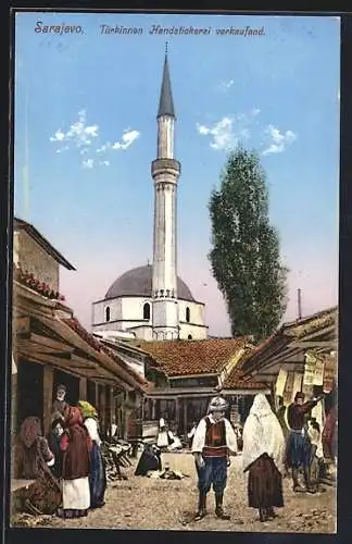 AK Sarajewo, Strassenpartie mit Moschee, Türkin verkauft Handstickerei
