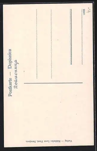 AK Sarajewo, Strassenpartie mit Moschee, Türkin verkauft Handstickerei