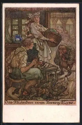 AK Deutscher Schulverein Nr. 1259: Das Märchen vom Zwerg Nase, Schuster und Zwerg Nase in der Stube