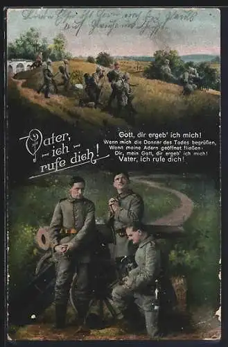 AK Soldaten in Uniform mit Kanone beim Gebet, Spruch