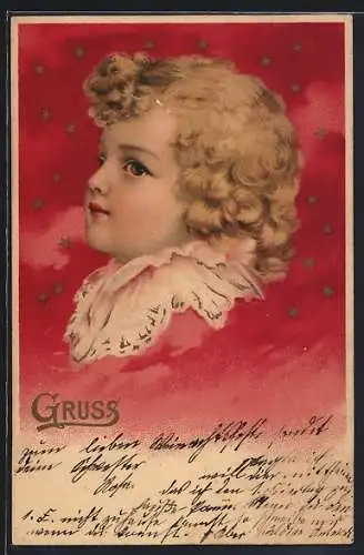 Lithographie Blonder Lockenschopf am Sternenhimmel