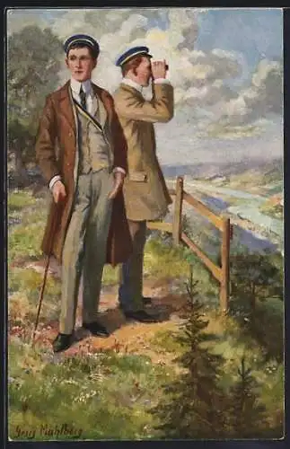 Künstler-AK Georg Mühlberg: Zwei Studenten mit einem Fernglas auf einer Anhöhe