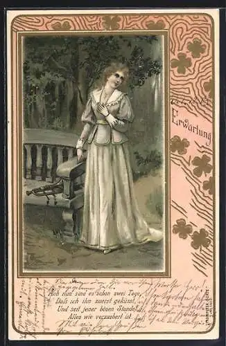 Lithographie Erwartung, Junge Dame neben einer Bank mit Trompete, Trompeter-Serie, Behüt Dich Gott!