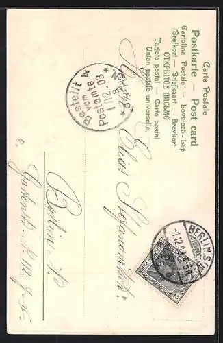 Lithographie Erwartung, Junge Dame neben einer Bank mit Trompete, Trompeter-Serie, Behüt Dich Gott!