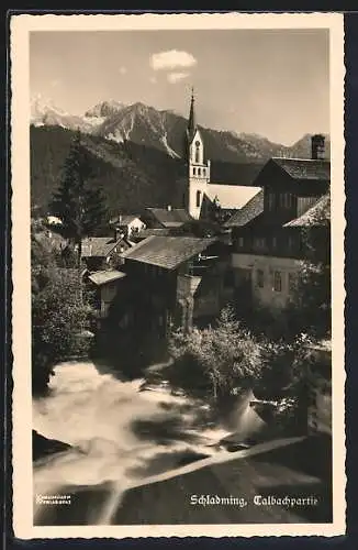 AK Schladming, Thalbachpartie mit Blick zur Kirche
