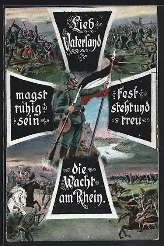 Künstler-AK Schlachtbilder, Soldat mit Reichsfahne hält Wacht am Rhein, Eisernes Kreuz