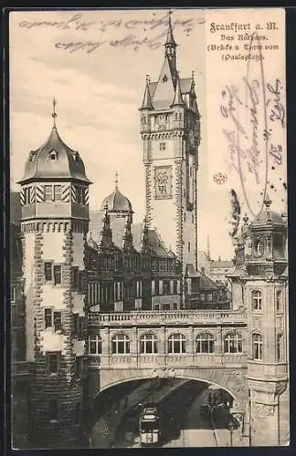 AK Alt-Frankfurt, Rathaus, Brücke und Turm vom Paulsplatz, Strassenbahn