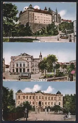 AK Altenburg / S.-A., Herzogl. Schloss, Herzogl. Hoftheater, Museum, Strassenbahn