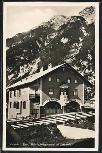 AK Scharnitz, Bahnhof-Restaurant mit Brunnstein
