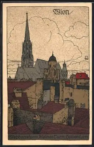 Steindruck-AK Wien, Stephansturm, Kleiner Turm, Heidenturm