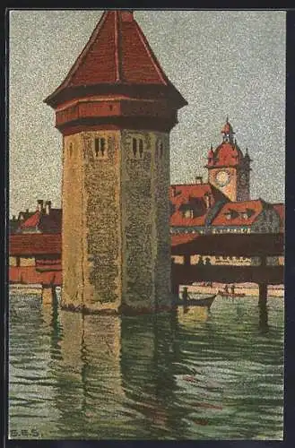 Künstler-AK Ernst E.Schlatter: Luzern, Wasserturm m. d. Rathaus