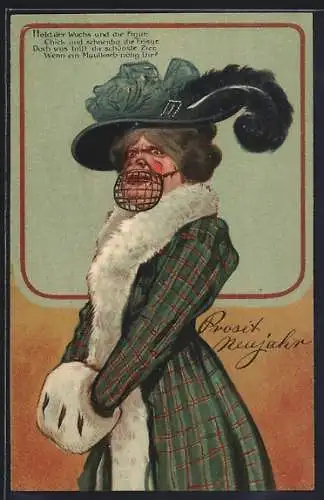 AK Elegante ältere Dame mit einem Maulkorb