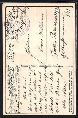 Künstler-AK Arthur Thiele: Die Attacke, vor junger Frau mit Apfelkorb knieender Soldat gibt einem anderen ein Zeichen