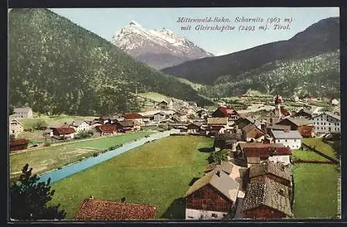 AK Mittenwald, Fernansicht mit Scharnitz und Gleirschspitze
