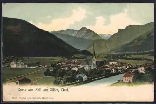 AK Zell am Ziller, Blick in den Ort mit Kirche, um 1900
