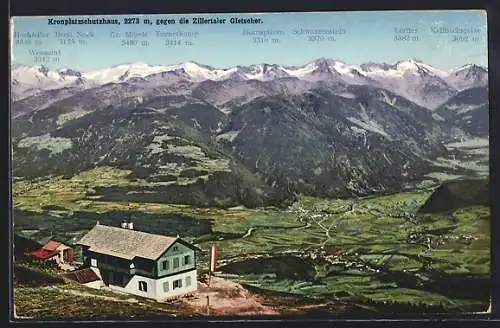 AK Kronplatzschutzhaus, Berghütte gegen die Zillertaler Gletscher
