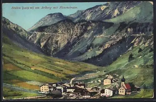 AK Stuben am Arlberg, Totalansicht mit Flexenstrasse