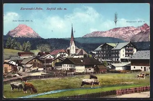 AK Seefeld, Teilansicht mit Kirche, Hohe Munde und Wetterstein