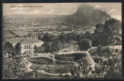 AK Bilin-Sauerbrunn / Bilina, Kurhaus mit Parkanlage aus der Vogelschau