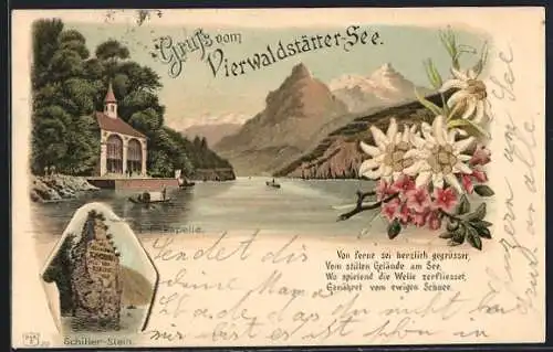Lithographie Sisikon, Tellskapelle am Vierwaldstätter-See, Schiller-Stein