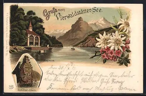 Lithographie Sisikon, Tellskapelle am Vierwaldstätter-See, Schiller-Stein