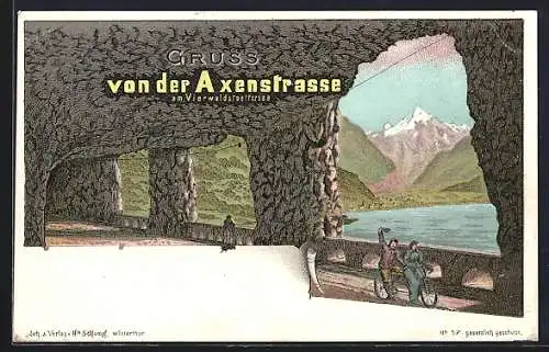 Lithographie Axenstrasse, Tandemfahrer am Vierwaldstättersee