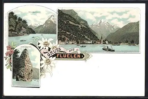 Lithographie Fluelen, Schillerstein, Tellskapelle und Gesamtansicht