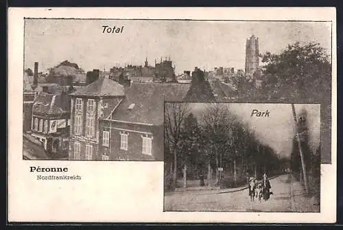 AK Péronne, vue générale avec tour au fond, le parc, une famille